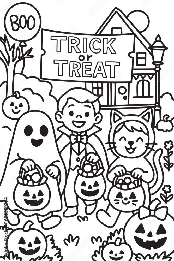 Fototapeta premium Kids Trick-or-Treating Coloring Page