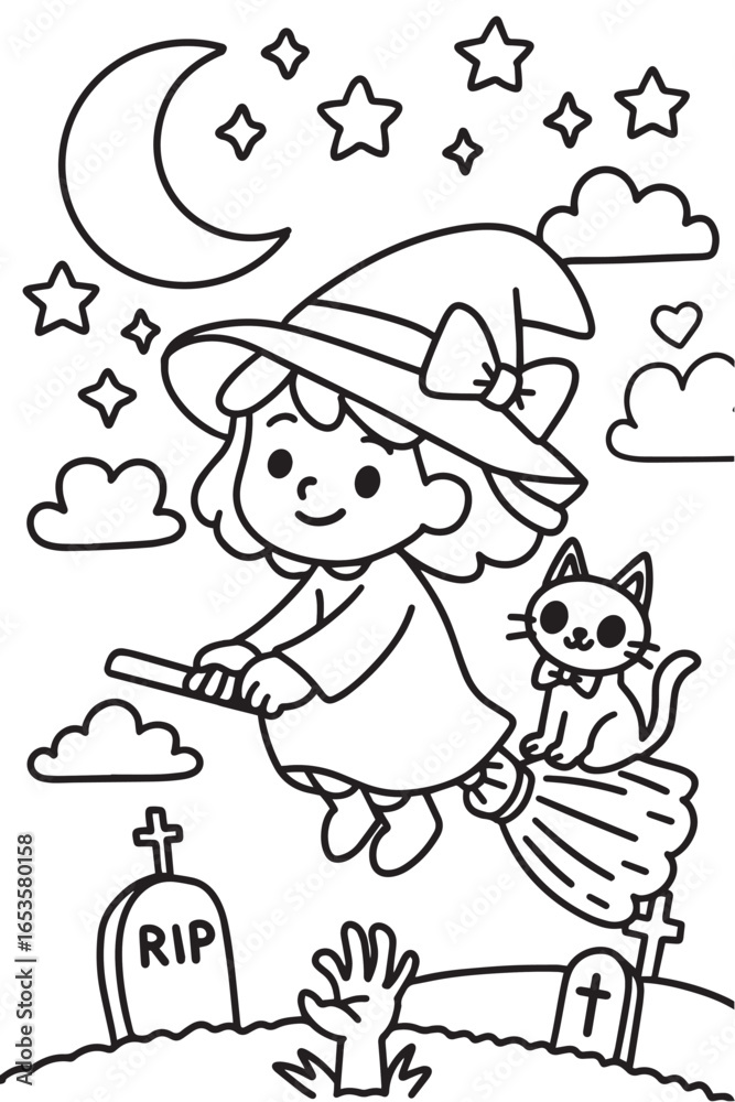 Naklejka premium Witch flying on broom with cat coloring page