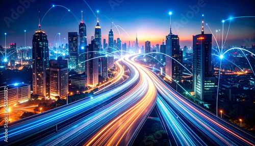 Dynamic Night Cityscape Featuring Illuminated Highways and Modern Buildings Against a Dark Sky