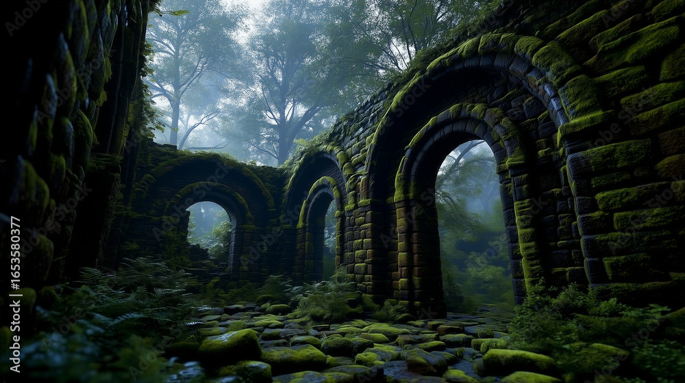 Obraz premium Title: Ancient castle ruins with moss-covered stone arches in forest