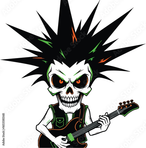 A cartoon punk rock skeleton with a spiky mohawk and glowing eyes playing a black electric guitar.
