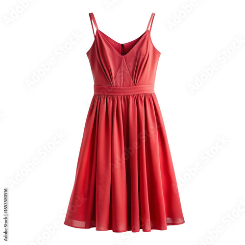 A red sleeveless dress with a fitted waist and pleated skirt
