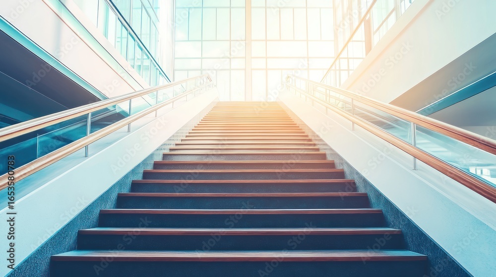Fototapeta premium Wide staircase ascending to a bright light-filled interior space