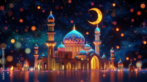 Night view of illuminated mosque with crescent moon