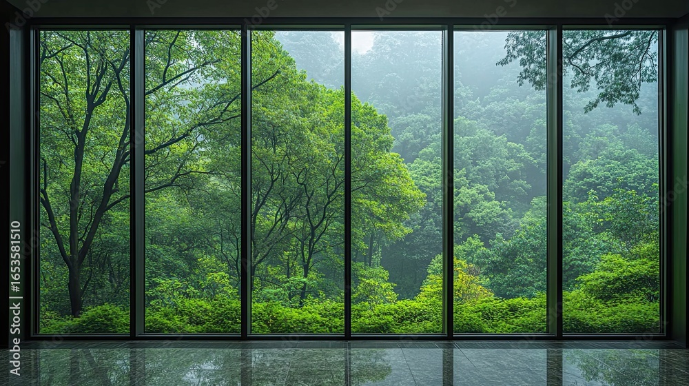 Fototapeta premium Serene view of lush green forest through large modern panoramic windows creating a calming indoor