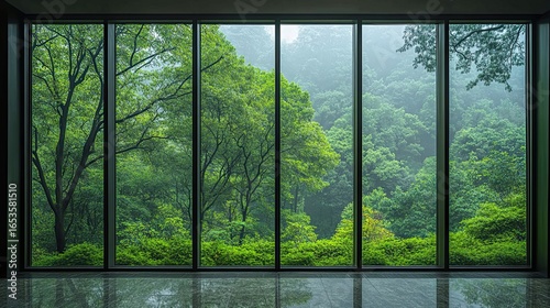 Serene view of lush green forest through large modern panoramic windows creating a calming indoor