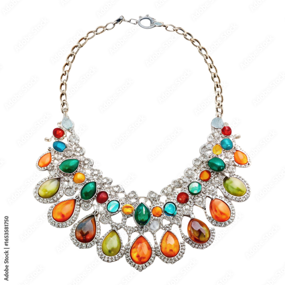 Obraz premium Colorful teardrop gemstone necklace with gold chain and silver setting