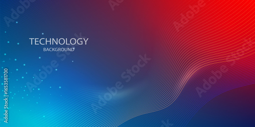 Blue-red tone technology background vector illustration. Geometric curves with sparkles. Conveys energy, modernity and digital world. For poster, presentation, website.
