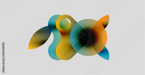 Abstract colorful shapes overlap, creating dynamic visual composition. Soft gradients suggest fluidity, movement. Light background enhances vibrancy.