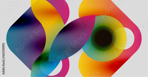 Abstract colorful shapes overlap, creating dynamic visual effect. Gradients blend, forming fluid forms against light background.