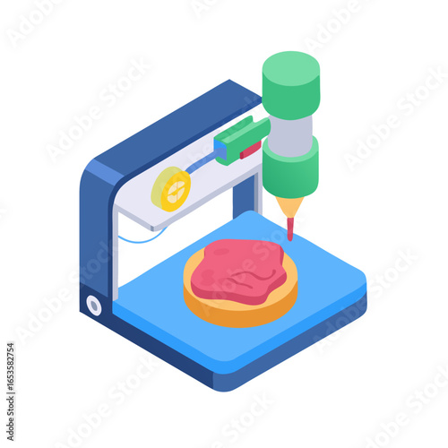 Vector art of a 3d food printer is creating a piece of raw meat on a circular base, showcasing futuristic culinary technology