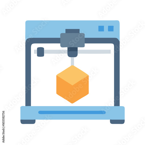 Vector art of a modern 3d printer is creating a cube object with its nozzle