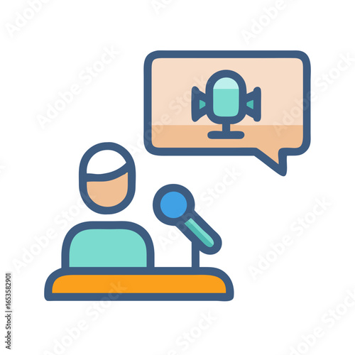 Vector art of a stylized icon depicts a person speaking into a microphone, with a speech bubble containing a microphone symbol above
