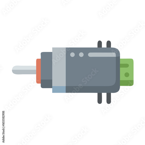Vector art of a closeup view of a gray audio or video connector with a silver pin and a green connection port