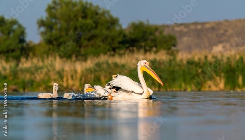 White pelican family on a river