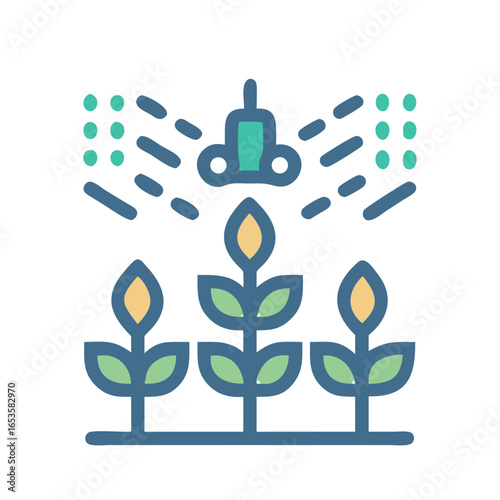 Vector art of a modern irrigation system waters young plants, symbolizing smart agriculture and efficient crop cultivation