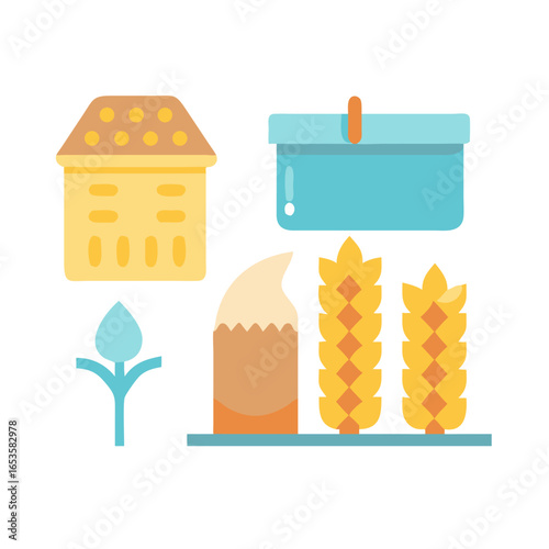 Vector art of a charming illustration featuring a quaint house, a basket, wheat stalks, and a budding plant, evoking a sense of rural life and agriculture