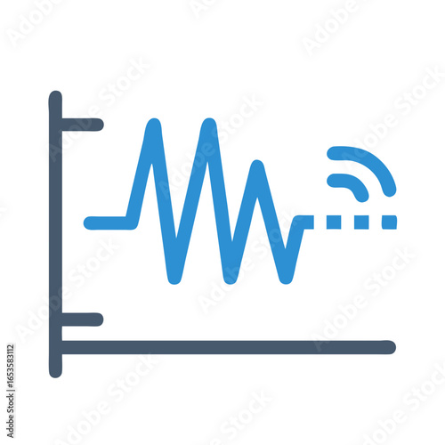 Vector art of a blue waveform representing a signal or data transmission, with wireless waves emanating from the end, isolated on a white background