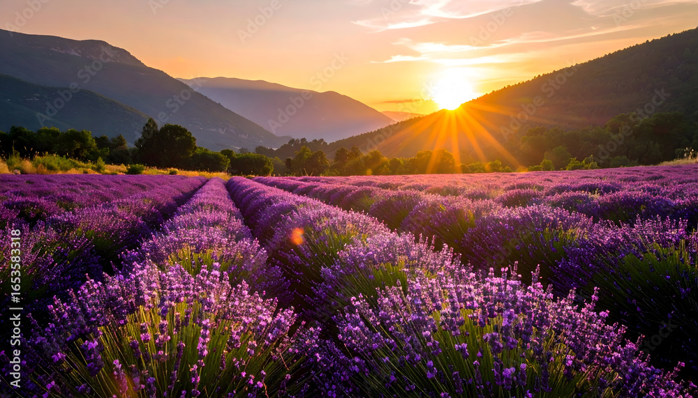 Obraz premium Purple Lavender Field in Full Bloom Under Setting Sun Landscape View at Sunset with Mountain Background
