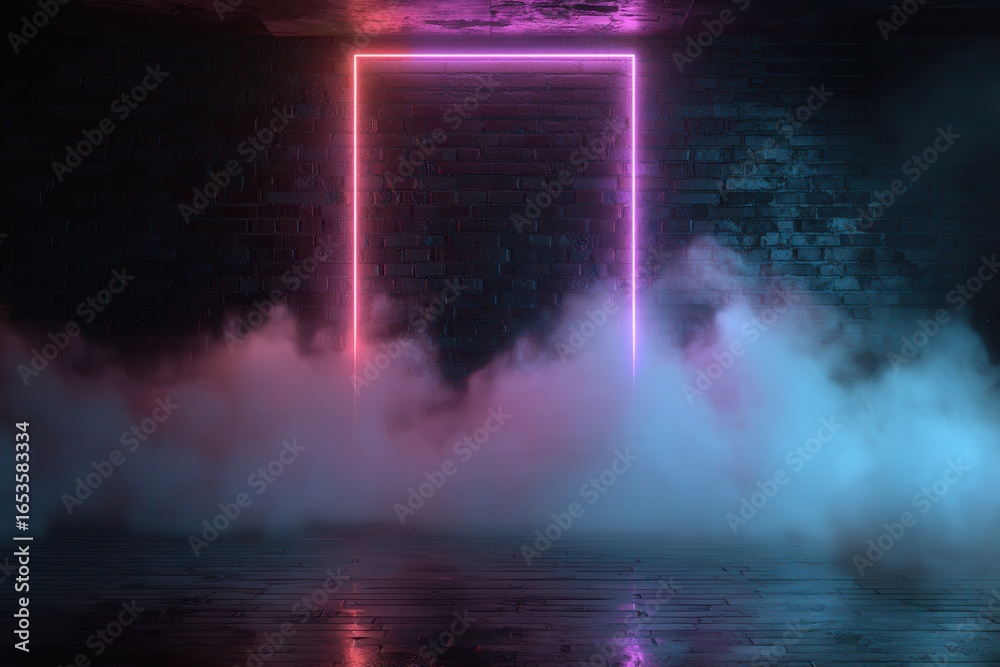 Naklejka premium Glowing neon rectangle portal surrounded by atmospheric smoke and mist