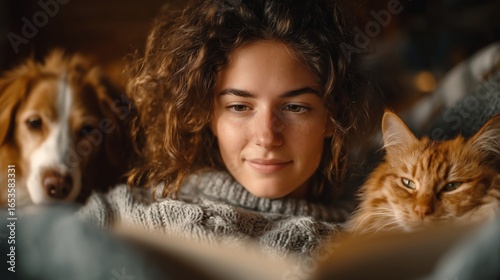 Young woman reading on couch with cat and dog in a naturally lit clean interior with copy space