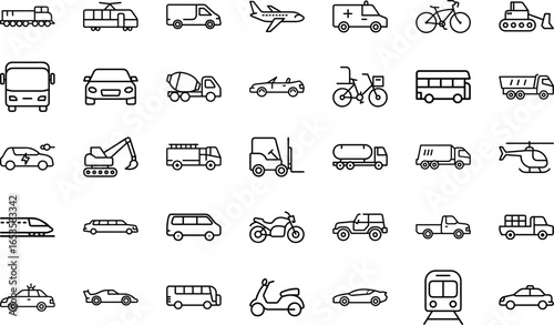 Collection of Simple Line Icons Representing Various Modes of Transportation Including Cars, Buses, Trucks, Airplanes, Trains, Bicycles, Motorcycles and Other Vehicles