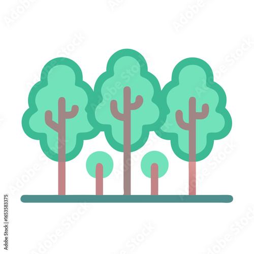 Vector art of a stylized illustration of a group of green trees with brown trunks and branches, set against a white background