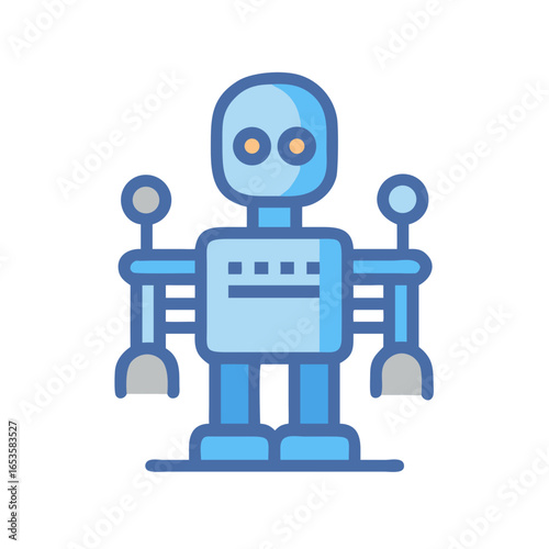 Vector art of a cute blue robot with round eyes and articulated arms, standing on a platform