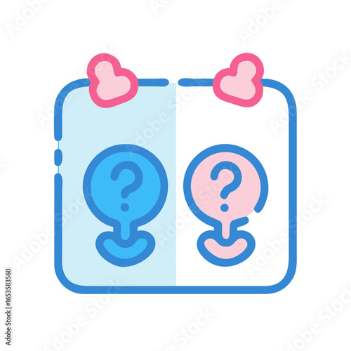 Vector art of two gender symbols, one blue and one pink, both with question marks, represent the uncertainty of a babys gender