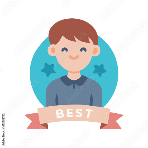 Vector art of a happy boy with brown hair is depicted in a flat illustration, wearing a blue shirt and standing in front of a blue circle with stars, with a banner proclaiming best below him