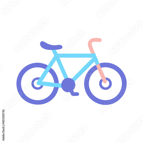 Vector art of a stylized, minimalist illustration of a blue bicycle with purple wheels and accents, isolated on a clean white background