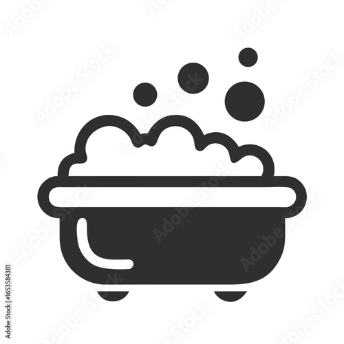 Vector art of a simple black and white icon of a bathtub filled with overflowing bubbles and foam, suggesting a relaxing bath