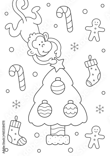 A4 size colouring page, christmas tree fun design. ready to print on standard A4 paper