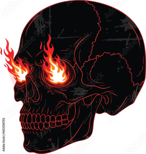 Stylized illustration of a black human skull with burning red flames erupting from its glowing eye sockets.