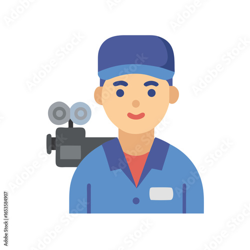 Vector art of a male filmmaker with a vintage camera, wearing a blue cap and jacket, ready to shoot a film