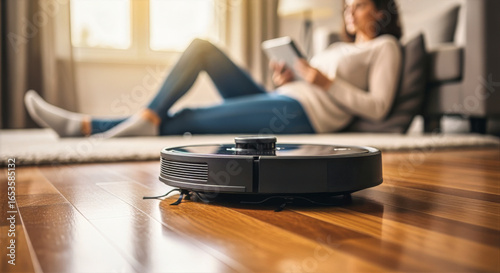 A woman relaxes with a tablet while a robotic vacuum cleaner cleans the hardwood floor in a bright living room