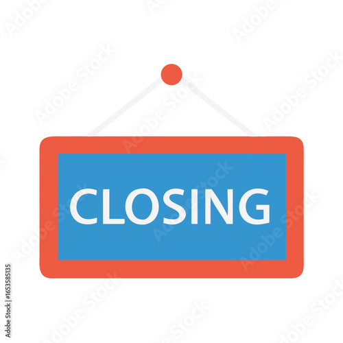 Vector art of a redbordered blue sign with the word closing in white letters hangs from a string, indicating a business is closing