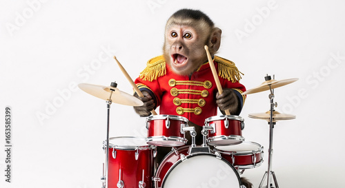 A monkey in a red jacket playing drums with an open mouth on a white background in a studio setting on transparent background