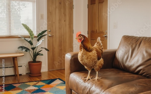 A chicken perches on a leather sofa in a cozy living room