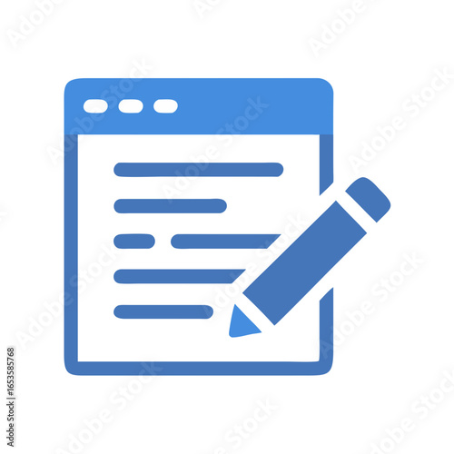 Vector art of a blue icon depicting a document with lines of text and a pencil writing on it, isolated on a white background