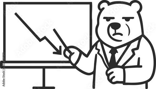 Bear Market Vector Illustration, Business Bear Character in Suit Pointing at Falling Graph, Stock Market Crash, Economic Recession and Finance Loss Icon