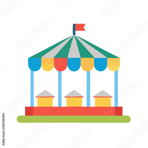 Vector art of a colorful carnival tent with a striped awning and a flag at the top, set against a white background