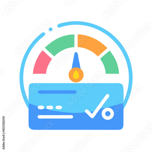Vector art of a credit score gauge with a checkmark on a credit card, indicating a good financial rating