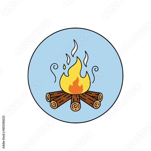 Glowing campfire with wooden logs, orange-yellow flames, and curling smoke lines, symbolizing warmth, light, and outdoor gatherings