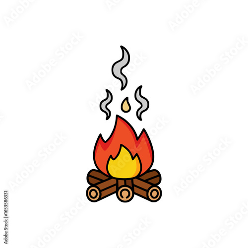 Traditional campfire illustration showing wooden logs arranged neatly, producing warm flames and gentle smoke for outdoor gatherings