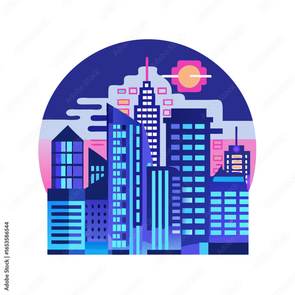 Fototapeta premium Vector art of a vibrant cityscape illustration featuring modern skyscrapers in shades of blue, purple, and pink, set against a dark blue sky with a stylized sun