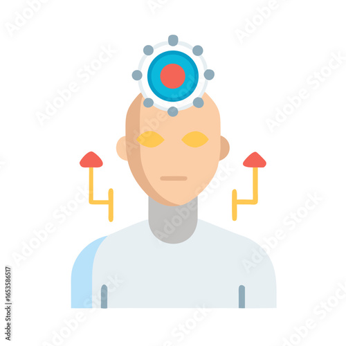 Vector art of a stylized illustration of a humanlike figure with a technological device on its head, symbolizing advanced thinking and artificial intelligence