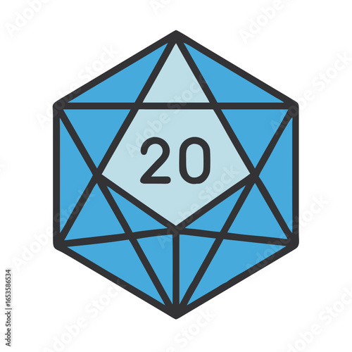 Vector art of a blue, twentysided polyhedral die with the number twenty prominently displayed, isolated on a white background