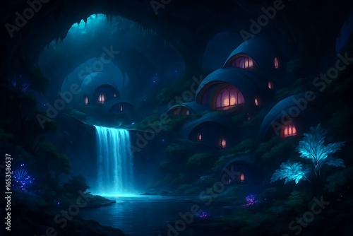Hidden underground village with mushroom-shaped homes and a waterfall cave