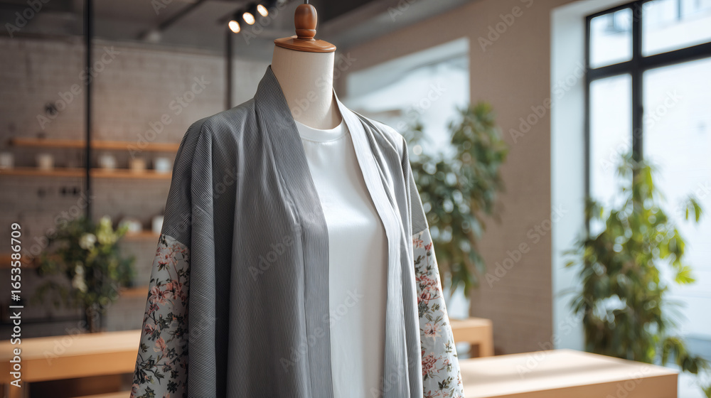 Obraz premium A clean and minimalist product shot of a mannequin wearing a traditional Hanbok jacket over a modern white t-shirt. 
